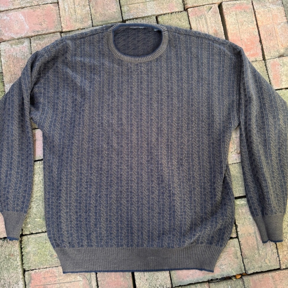 Preswick & Moore Mens Large Brown Navy Blue Textured Knit Sweater Made in Italy